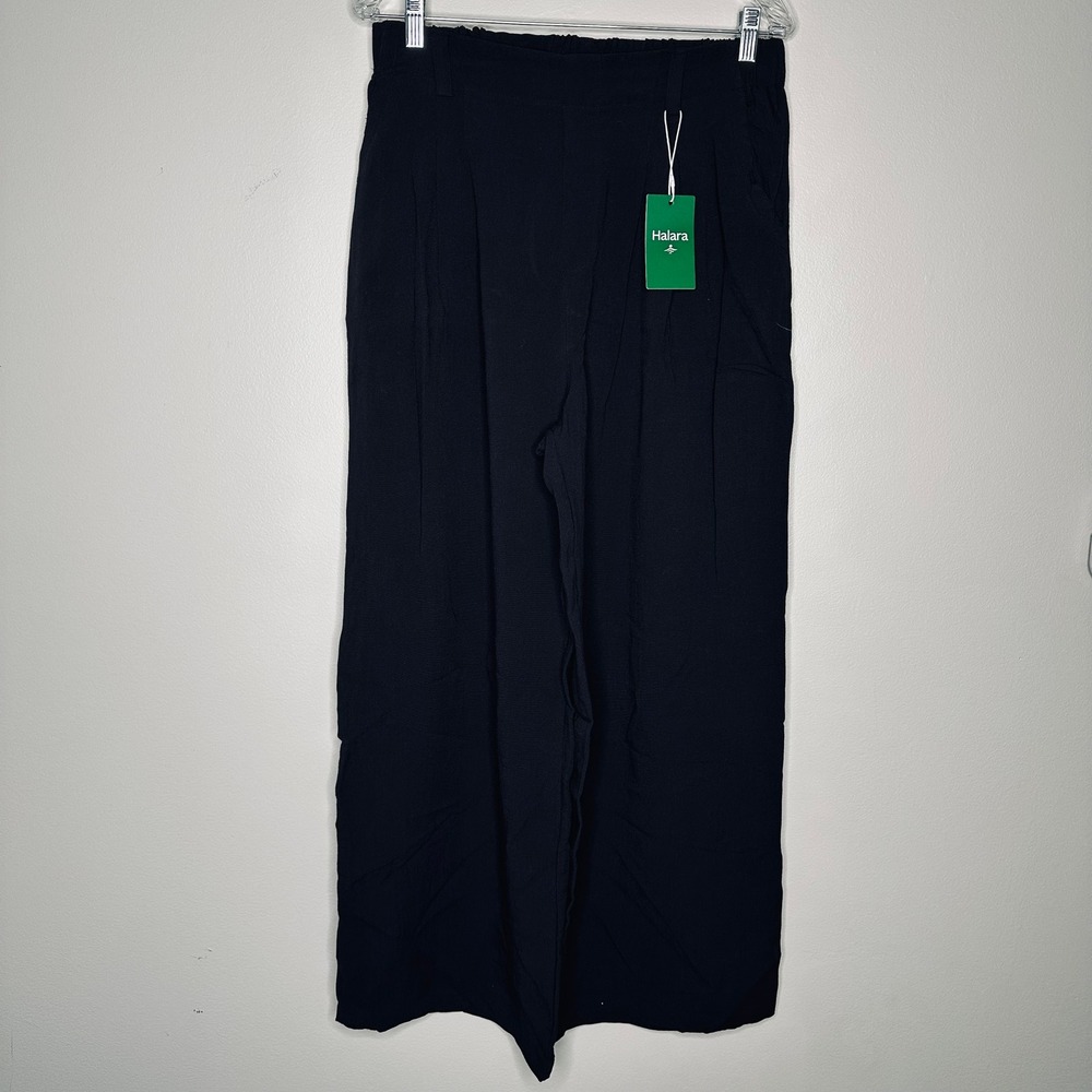 Halara Black Wide Leg Pleated Athleisure Pants High Waist Size L Regular NWT